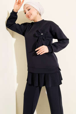 Pileli Gül Aksesuarlı Scuba İkili Takım Lacivert - HBS