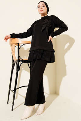 Pileli Gül Aksesuarlı Scuba İkili Takım Siyah - HBS