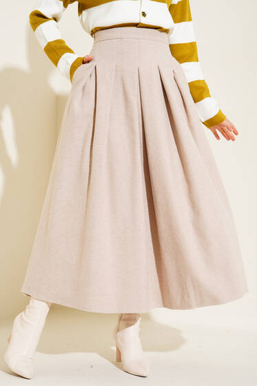 Pileli Kaşe Etek Bej - Uzun Etek