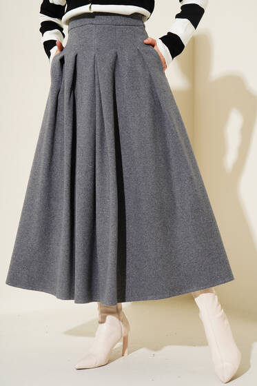 Pileli Kaşe Etek Gri - Uzun Etek