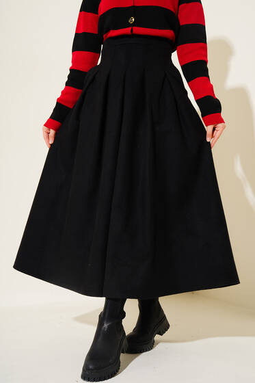 Pileli Kaşe Etek Siyah - Uzun Etek