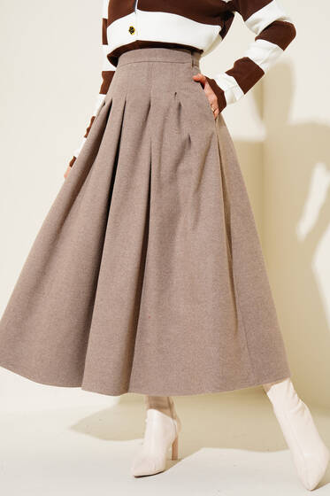 Pileli Kaşe Etek Vizon - Uzun Etek