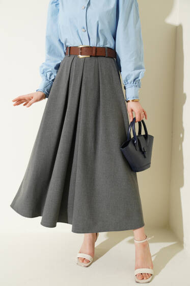 Pileli Kemerli Bel Fermuarlı Etek Füme - Etek