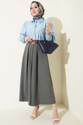 Pileli Kemerli Bel Fermuarlı Etek Füme - Etek