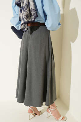 Pileli Kemerli Bel Fermuarlı Etek Füme - Etek