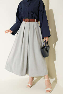 Pileli Kemerli Bel Fermuarlı Etek Gri - FİXAY