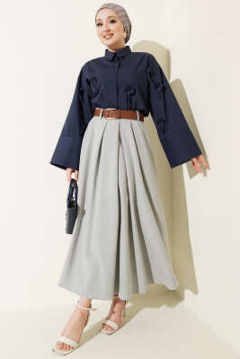 Pileli Kemerli Bel Fermuarlı Etek Gri - Etek