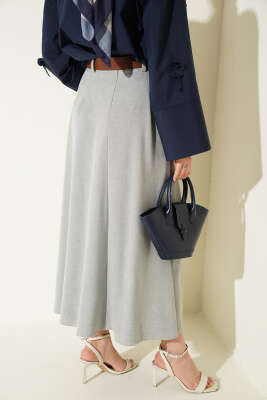 Pileli Kemerli Bel Fermuarlı Etek Gri - Etek