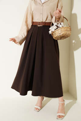 Pileli Kemerli Bel Fermuarlı Etek Kahve - FİXAY