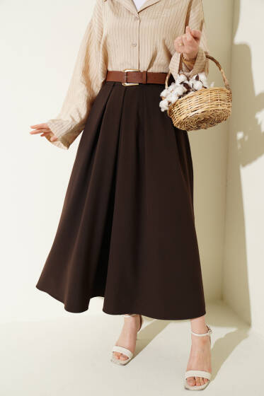 Pileli Kemerli Bel Fermuarlı Etek Kahve - Etek