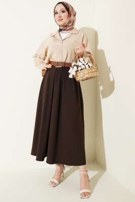 Pileli Kemerli Bel Fermuarlı Etek Kahve - Etek