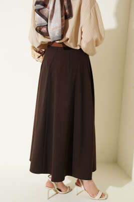 Pileli Kemerli Bel Fermuarlı Etek Kahve - Etek