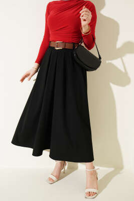 Pileli Kemerli Bel Fermuarlı Etek Siyah - FİXAY
