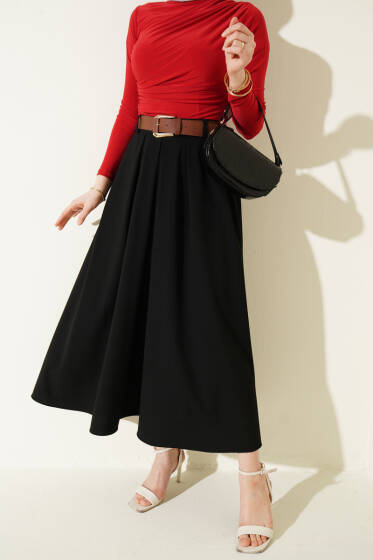 Pileli Kemerli Bel Fermuarlı Etek Siyah - Etek