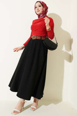 Pileli Kemerli Bel Fermuarlı Etek Siyah - Etek