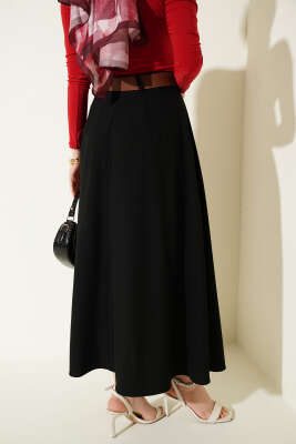 Pileli Kemerli Bel Fermuarlı Etek Siyah - Etek