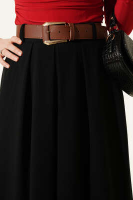 Pileli Kemerli Bel Fermuarlı Etek Siyah - Etek