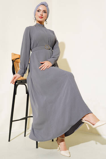 Pileli Kemerli Elbise Gri - Elbise