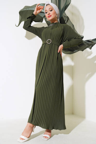 Pileli Kemerli Elbise Haki - Elbise