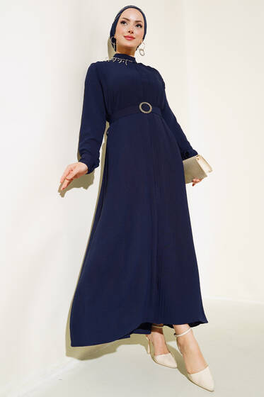 Pileli Kemerli Elbise Lacivert - Elbise