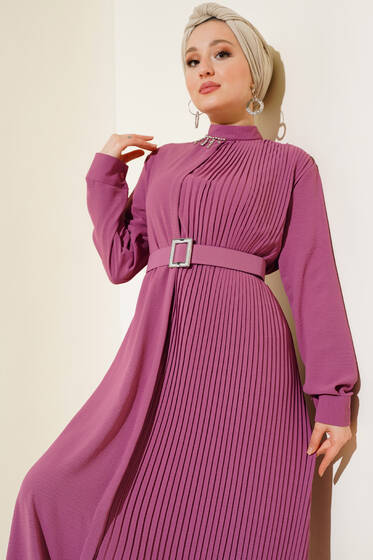 Pileli Kemerli Elbise Magenta - Elbise