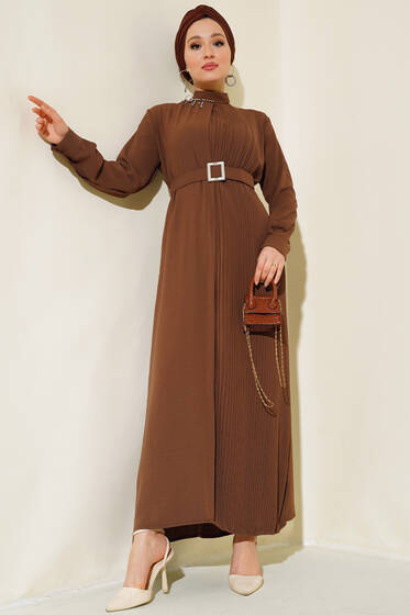 Pileli Kemerli Elbise Taba - Elbise