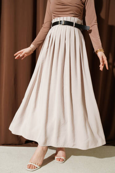 Pileli Kemerli Tensel Etek Bej - Etek