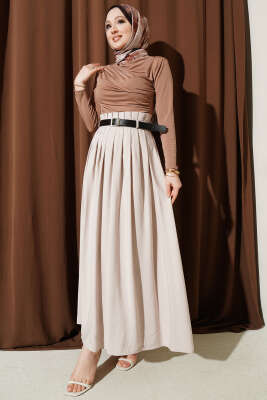 Pileli Kemerli Tensel Etek Bej - Etek