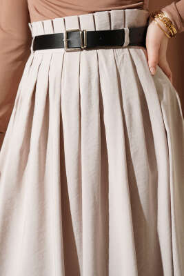 Pileli Kemerli Tensel Etek Bej - Etek