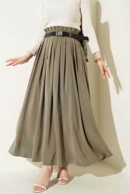 Pileli Kemerli Tensel Etek Haki - VAV TEKSTİL