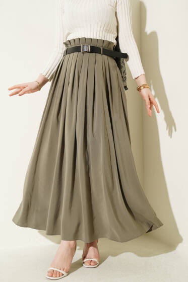 Pileli Kemerli Tensel Etek Haki - Etek
