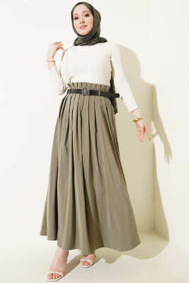 Pileli Kemerli Tensel Etek Haki - Etek