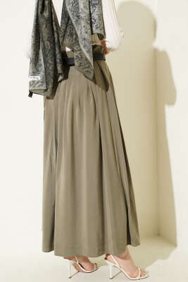 Pileli Kemerli Tensel Etek Haki - Etek