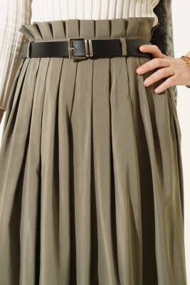 Pileli Kemerli Tensel Etek Haki - Etek