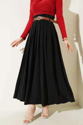 Pileli Kemerli Tensel Etek Siyah - VAV TEKSTİL