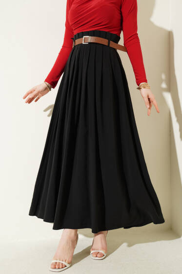 Pileli Kemerli Tensel Etek Siyah - Etek