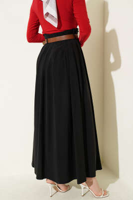 Pileli Kemerli Tensel Etek Siyah - Etek