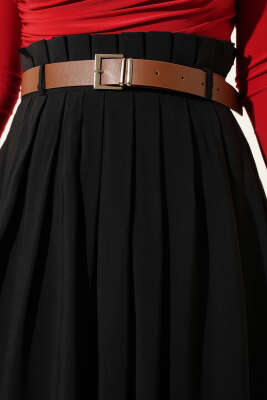 Pileli Kemerli Tensel Etek Siyah - Etek