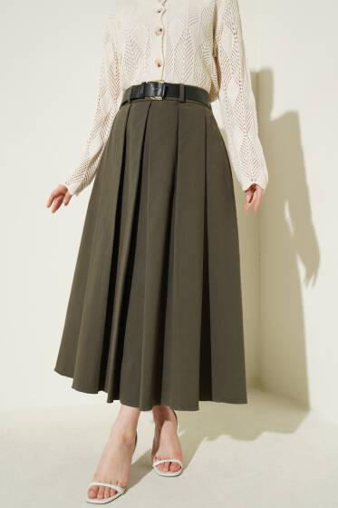 Pileli Kemerli Gabardin Kloş Etek Haki - Etek