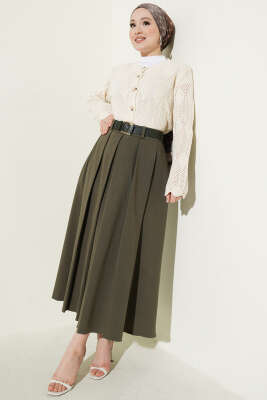 Pileli Kemerli Gabardin Kloş Etek Haki - Etek