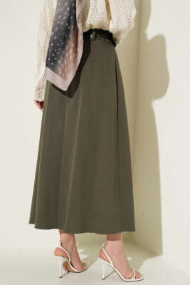 Pileli Kemerli Gabardin Kloş Etek Haki - Etek