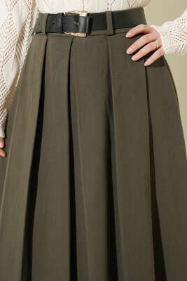 Pileli Kemerli Gabardin Kloş Etek Haki - Etek