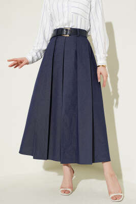 Pileli Kemerli Gabardin Kloş Etek Kot Mavisi - MISRA