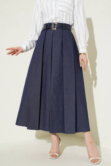 Pileli Kemerli Gabardin Kloş Etek Kot Mavisi - Etek