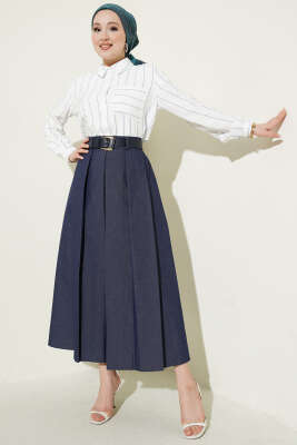 Pileli Kemerli Gabardin Kloş Etek Kot Mavisi - Etek