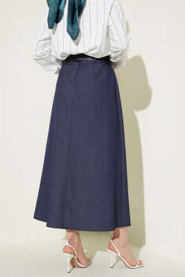 Pileli Kemerli Gabardin Kloş Etek Kot Mavisi - Etek