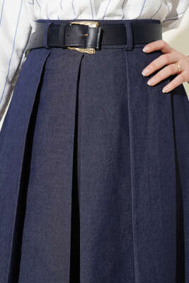 Pileli Kemerli Gabardin Kloş Etek Kot Mavisi - Etek