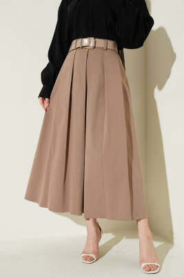 Pileli Kemerli Gabardin Kloş Etek Latte - MISRA