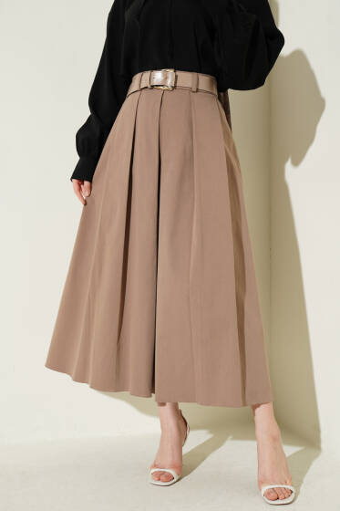Pileli Kemerli Gabardin Kloş Etek Latte - Etek