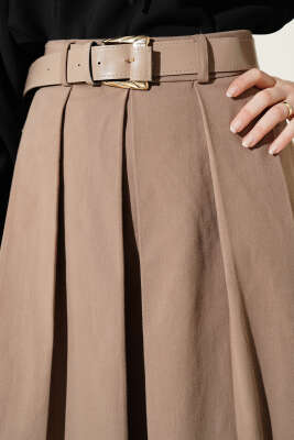 Pileli Kemerli Gabardin Kloş Etek Latte - Etek